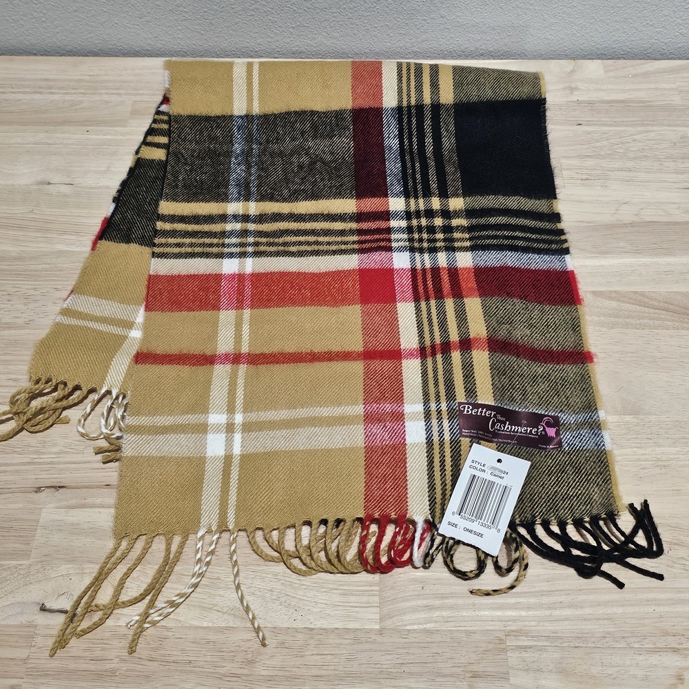 Better Than Cashmere Camel Tan Red White Striped Scarf NWT